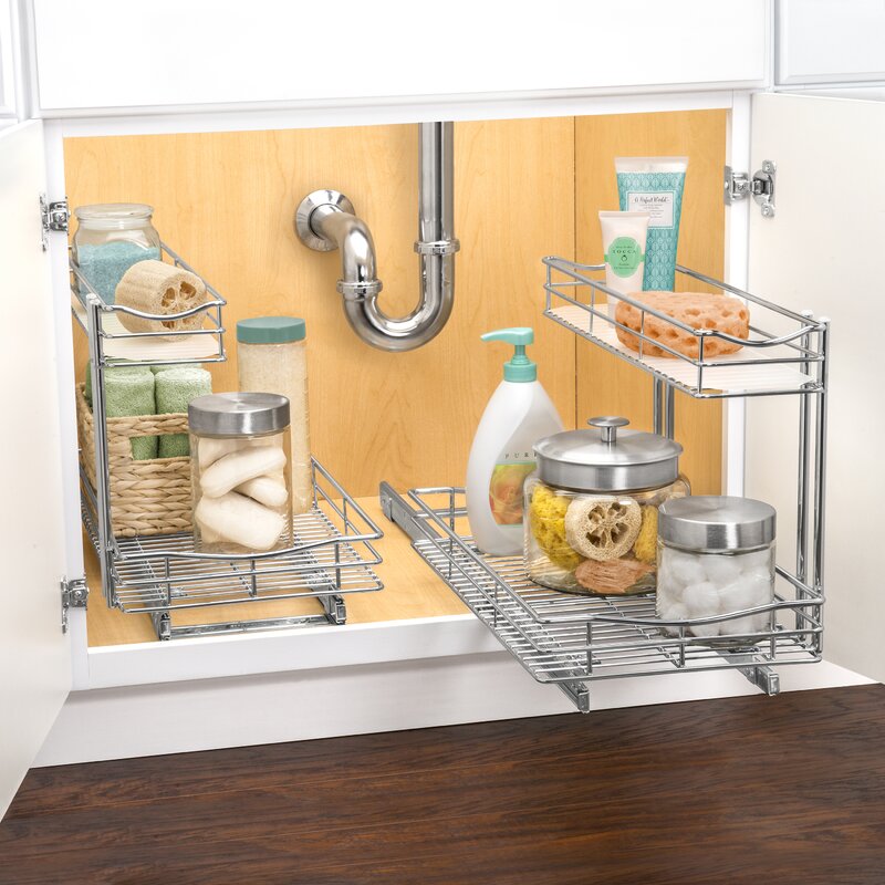 Roll Out Under Sink Cabinet Organizer   Pull Out Two Tier Sliding Shelf   11.5 In. Wide X 21 Inch Deep   Chrome 